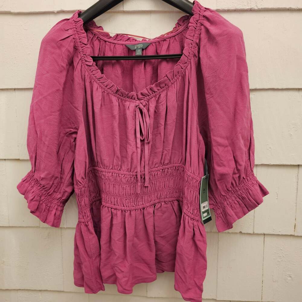 Terra & Sky Women's 0X 14W Pink Smocked Peplum Blouse Puff Sleeve Boho NWT - Picture 3 of 10